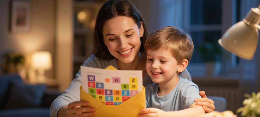 Happy mom and kid opening printed puzzles
